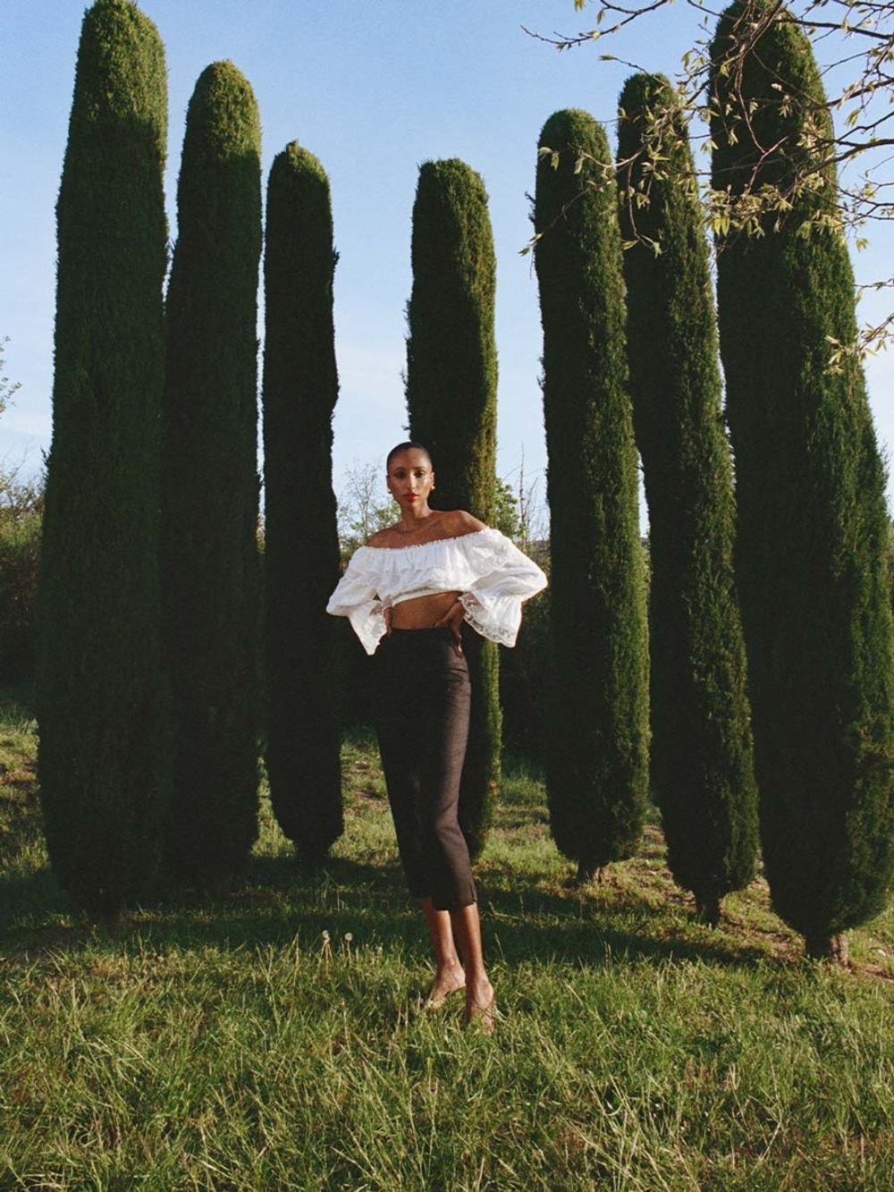 Reformation White Off‑Shoulder Eyelet Crop Top